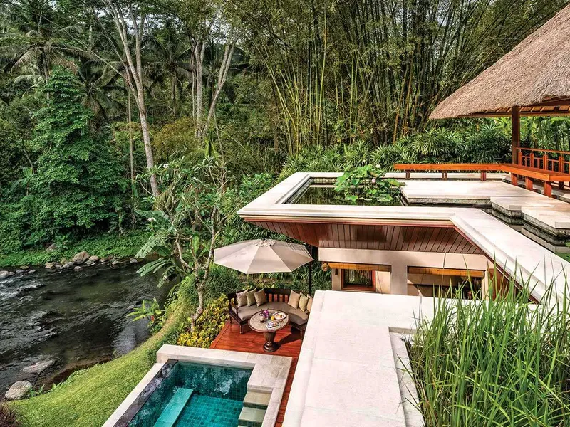 Four Seasons Resort Bali at Sayan — floating oval villa above the Ayung River gorge in Ubud