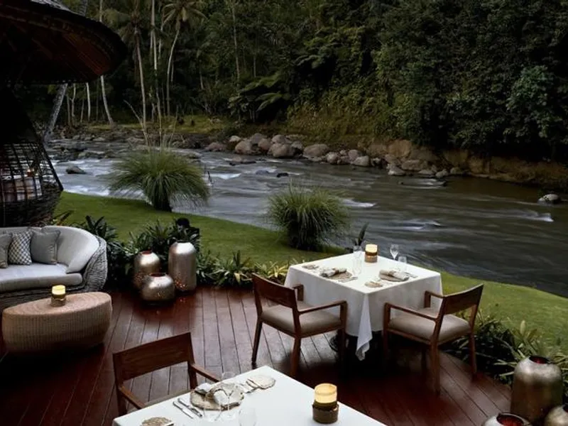 Kubu at Mandapa — organic bamboo dining cocoon suspended above the Ayung River in Bali
