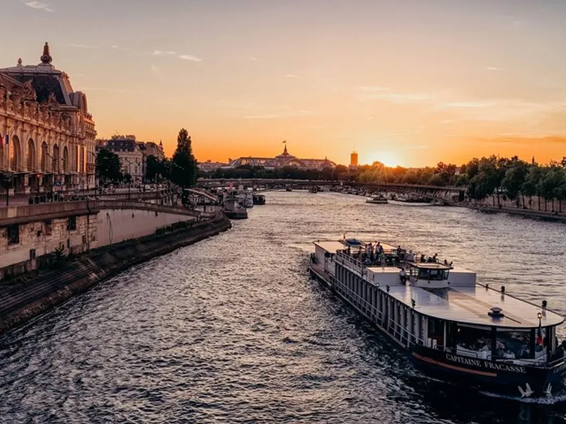 Private Seine River Cruise at sunset — luxury boat gliding past the Eiffel Tower Paris
